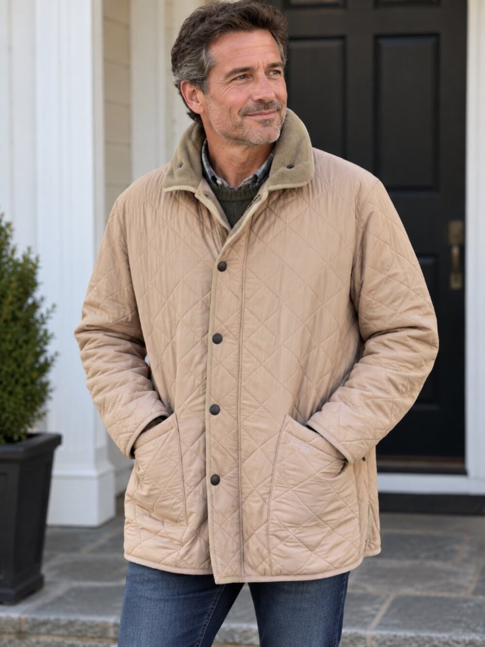 Barbour Polarquilt Long Men's XL Beige Diamond Quilted Fleece Lined Jacket